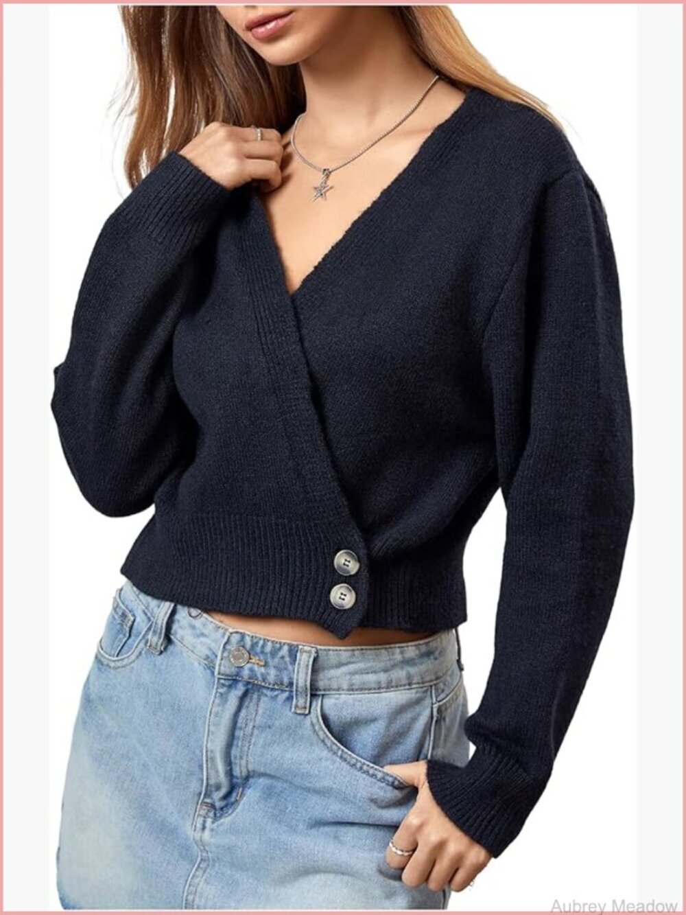 Wrap V Neck Cardigan Crop Knit Top Long Sleeve Button Front